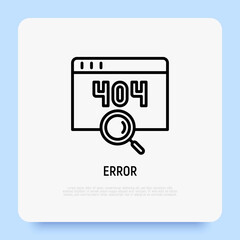 Error page thin line icon. Window with 404 sign and magnifier. Modern vector illustration.