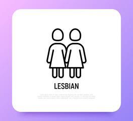 Couple of lesbians holding hands each other thin line icon in rainbow color. Modern vector illustration.