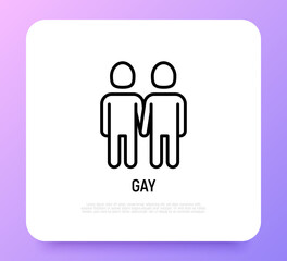 Couple of gays holding hands each other thin line icon in rainbow color. Modern vector illustration.