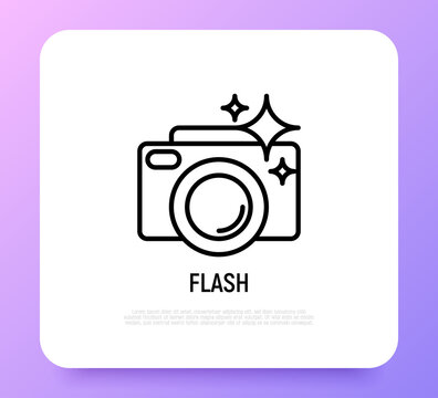 Camera with flash thin line icon. Modern vector illustration for photographer's logo.