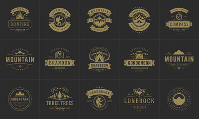 Camping logos and badges templates vector design elements and silhouettes set