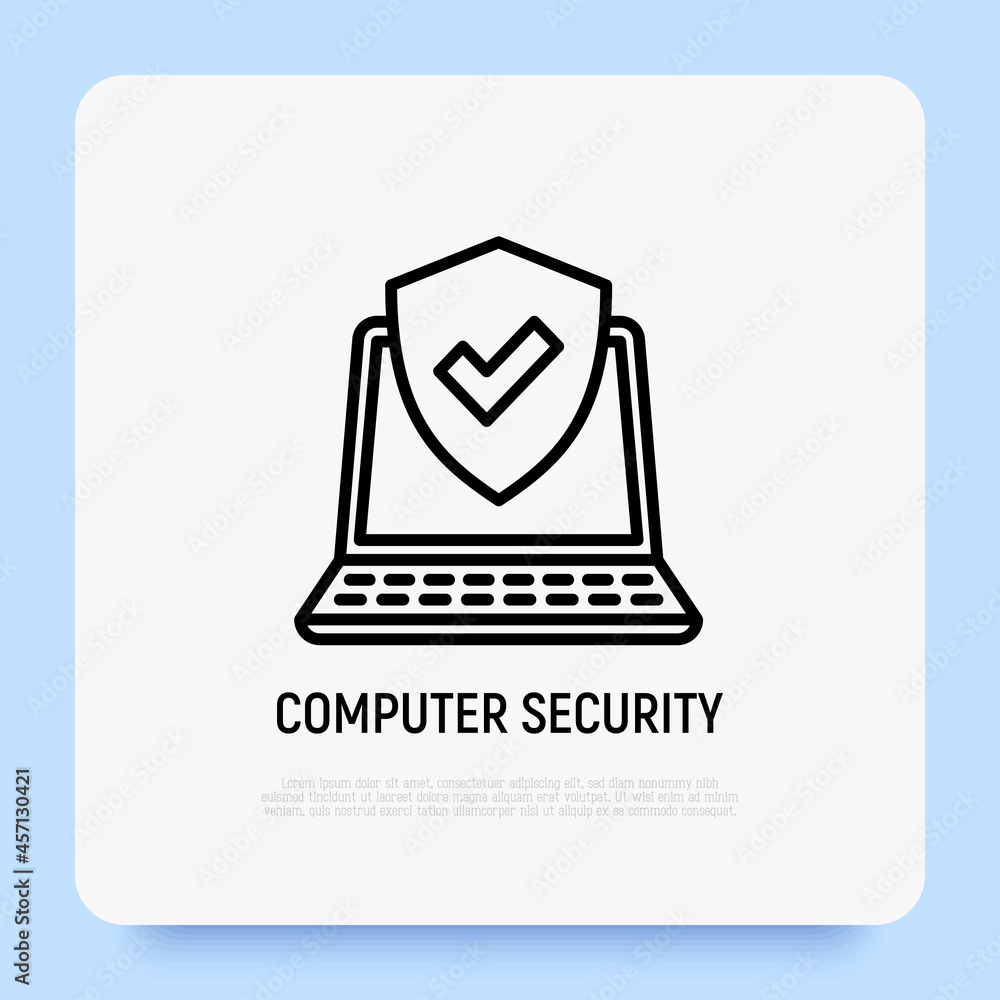 Poster computer security thin line icon: shield with tick on laptop screen. modern vector illustration.
