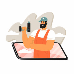 Handyman with screwdriver acting through phone screen. Mobile online services. Helpful advice from the master. Video influencer, internet blogger. Vector illustration in flat style. Isolated.