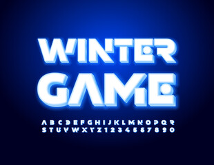 Vector glowing sign Winter Game. Futuristic Alphabet Letters and Numbers. Illuminated modern Font