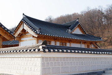 Fototapeta premium Traditional Korean style architecture at Hanok Village. Traditional Korean house.