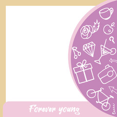 A square frame in beige and burgundy, decorated with doodles on a feminine theme, the inscription 