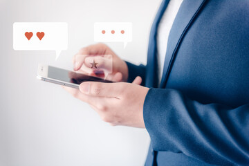 Technology Smartphone and Digital Application Network Concept, Business Woman Using Smart Phone While Chatting on Communication Social App. Multimedia Applications of Data Mobile Phone Connection