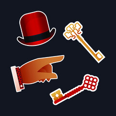 Vintage Retro Sticker Pack. Modern Flat Vector Concept Illustrations. Old-Fashioned Hat, Keys Kinds, Pointing Finger. Social Media Ads.