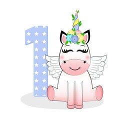 One Birthday party invitation with baby unicorn