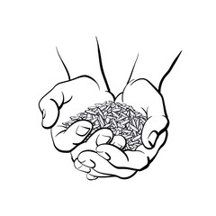 Rice grain in hands. Vector silhouette of seed