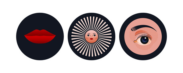 Vintage Retro Set. Modern Flat Vector Concept Illustrations. Badges with Old-fashioned Red Lips, Sun with Human Face, Eye. Social Media Ads.