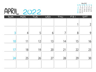 Calendar 2022 year. April 2022 planner. Desctop calendar design. Month planner. Grunge trendy background. Life or business planner. Place for notes. Printable template. - obrazy, fototapety, plakaty