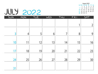 Calendar 2022 year. July 2022 planner. Desctop calendar design. Month planner. Grunge trendy background. Life or business planner. Place for notes. Printable template.