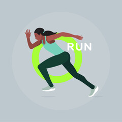 Fototapeta na wymiar Fitness concept illustration of young woman doing exercise with word Run. Flat design. Sport banner template.