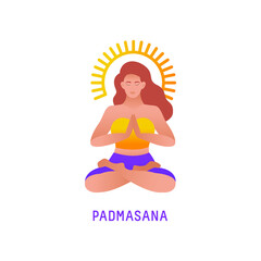 Vector illustration of yoga woman in bright colorful clothes. Isolated figure on white background with colorful sun silhouette. Padmasana - Lotus pose.