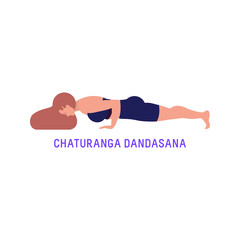 Vector Illustration of Yoga Woman. Isolated Figure on White Background. Chaturanga Dandasana - Four Limbed Staff Pose, Low Plank Pose.