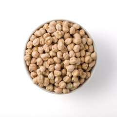 White round pot full of uncoked chickpea. isolated on white. top view