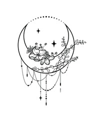 Moon with flowers and decorations, line art, tattoo