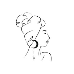 Ethnic woman portrait with celestial elements, line art
