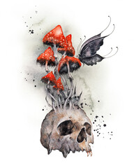 Human skull with poisonous fly agaric. Amanita red mushroom, symbol of death. Black butterfly. Red and black watercolor illustration. Halloween poster, wall art print