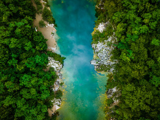 Soca River in Slovenia, Triglav Park. Soca Valley Drone Top Down View