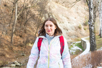 Kislovodsk, Russia. December 28, 2018. Portrait of a beautiful woman of 30 years in the mountains in winter