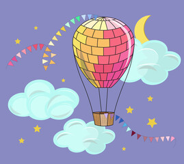 A pink yellow balloon hovers in the sky. Garlands of colored flags. Clouds, month.
