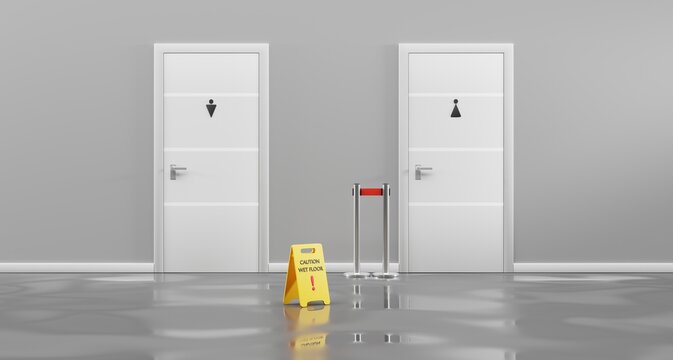 Public toilet doors WC for women and men with yellow sign caution wet slippery floor in hallway, front view. Realistic 3d interior hall with grey walls, entrance in restroom and belt barrier fence