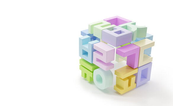 abstract cube consisting of the Korean alphabet."hangul". 3d rendering.