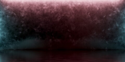 Modern industrial background with dark scratched metallic wall and floor with trendy colored lights. 3d rendering