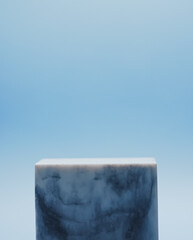 Beauty product display presentation, marble podium for cosmetics showcase on blue background.