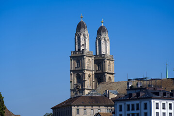Protestant church Great Minster at the old town of Zurich on a beautiful late summer day. Photo taken September 6th, 2021, Zurich, Switzerland.