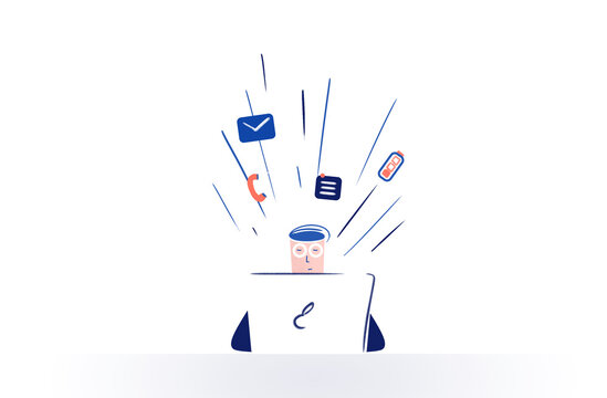 IT men working with computer and many task arround him