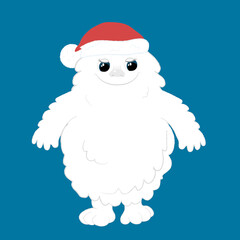A cute charming bigfoot stands upright isolated on dark blue background and he smiling. Etty is wearing a red Christmas hat. Illustration in cartoon style for fun animations and Christmas designs.