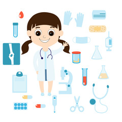 Set girl dressed as a doctor and medical instruments mask, test tubes, plate, pills, microscope, x-ray, drop of blood, gloves, syringe, thermometer, stethoscope in children's cartoon style.