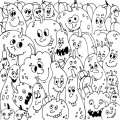 Humorous doodles Halloween pumpkins funny and funny drawn by a contour on a white background. Relax coloring page for children and adults  painted hand-drawn. The mood of enthusiasm and fun.