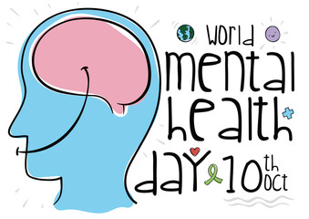 Side View of Head with Smile Promoting Mental Health Day, Vector Illustration