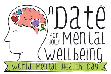 Head with Smiling Brain and Doodles Celebrating Mental Health Day, Vector Illustration