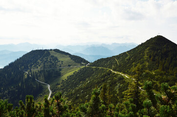 Fototapeta premium GERMANY, MUNCHEN: Scenic landscape aerial view of Bavarian Alp mountains with lake in the valley 