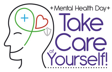 Smiling Man, Ribbon, Heart, Cross, Shield promoting Mental Health Day, Vector Illustration