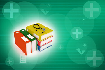 3d illustration stethoscope with stacked books
