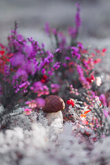 A small porcini mushroom (Bolétus edúlis) against the background of reindeer moss, cranberries and purple heather.
