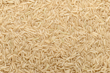 food background of uncooked long brown rice, top view