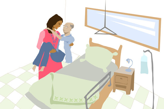 Krankenpflegerin bringt alten Mann zu Bett in einem Pflegeheim mit medizinischer Ausr&uuml;stung und gem&uuml;tlicher Einrichtung, Schachbrettboden gr&uuml;n wei&szlig;, pinker Kittel, Illustration in Superhelden Pose