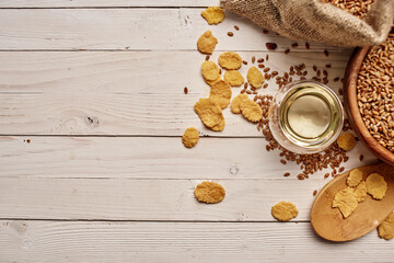cereals in a bag healthy breakfast wood background