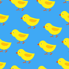Seamless pattern with chicks. Blue endless pattern with walking chick. Vector.