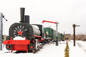 Nizhny Novgorod, Russia. March 10, 2019. Museum of old steam locomotives in the open air. The old railway.
