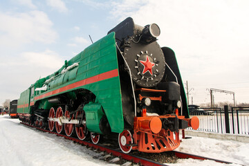 Nizhny Novgorod, Russia. March 10, 2019. Museum of old steam locomotives in the open air. The old railway.