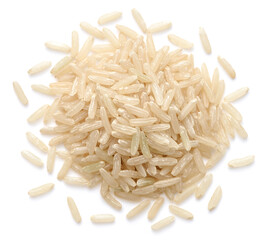 uncooked brown rice isolated on the white background, top view