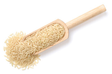 raw long brown rice in the wooden scoop, isolated on the white background, top view
